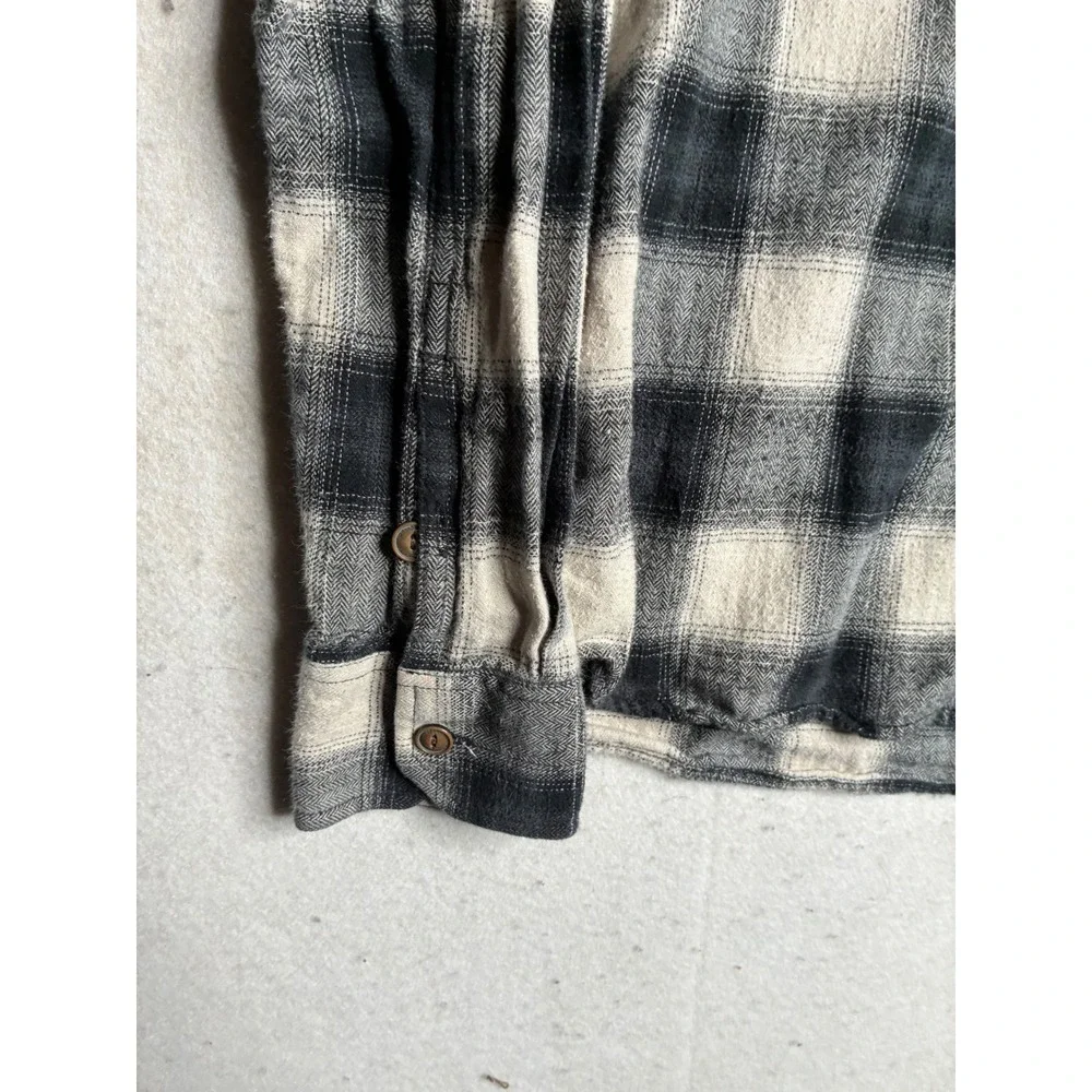True Religion Mens Flannel Shirt Large‎ Black Cream Plaid Herringbone Cotton L/S